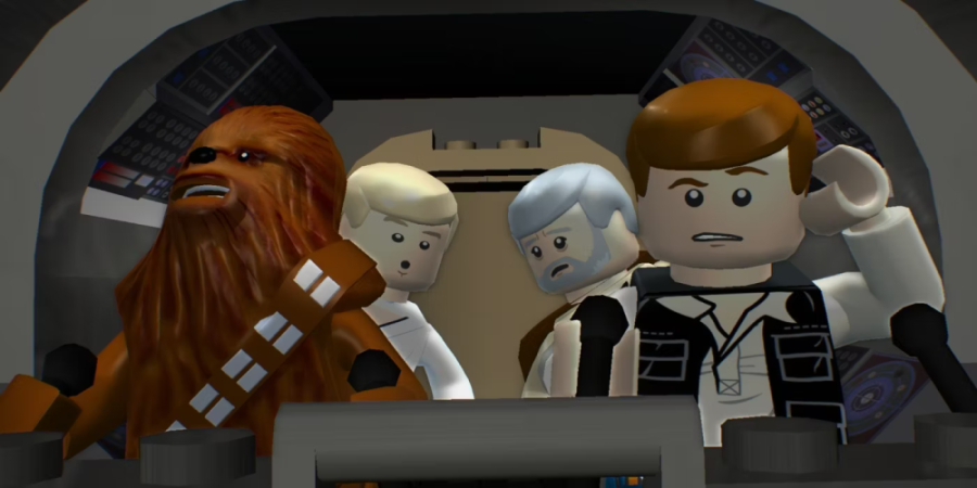 Chewbacca, Luke Skywalker, Obi Wan Kenobi, and Han Solo depicted as legos