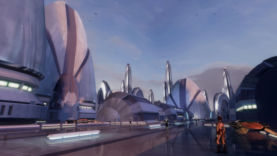 Futuristic science fiction city in soft blue and purple hues