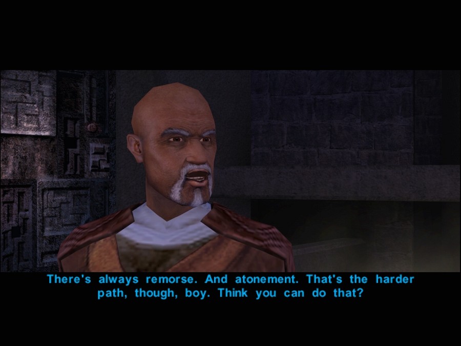 Jolee Bindo saying 'There's always remorse. And atonement. That's the harder path, though, boy. Think you can do that?'